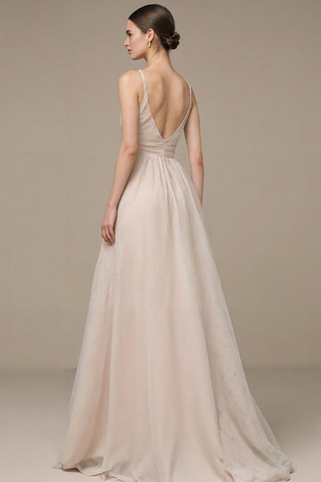 Fog Ruched V Neck A Line Long Evening Dress